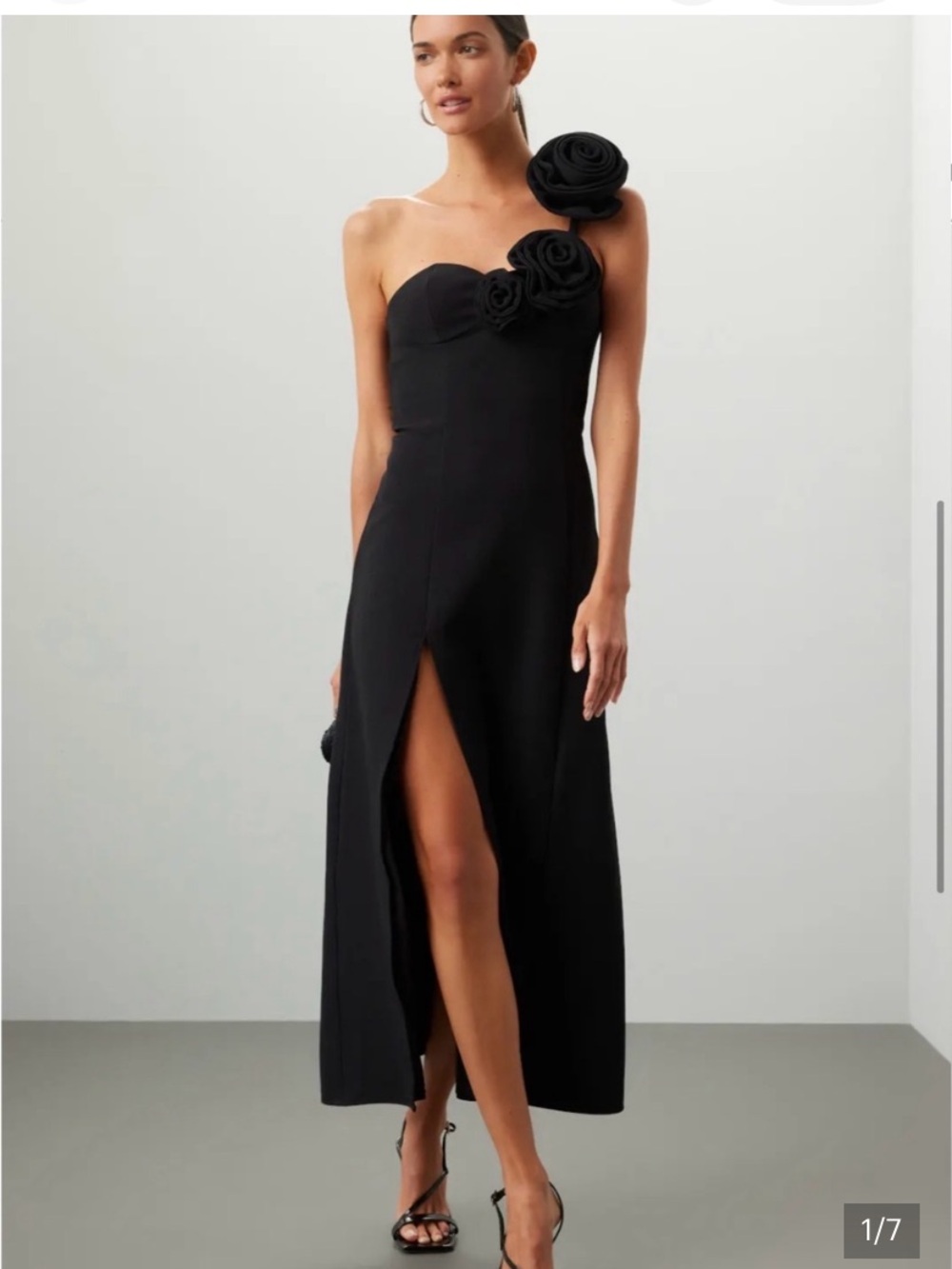 The Wolf Gang Black Flores One-Shoulder Floral Appliqué Evening Dress M medium